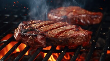 Grilling beef meat dinner. Cooking red steak close up. Barbecue meal. Bbq diet concept. Tasty...