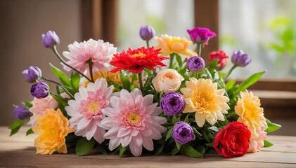 A vibrant bouquet of exotic flowers, showcasing their delicate petals and varying sizes. The flowers are arranged in a cascading manner, gracefully draping over the edge of a weathered wooden table. T