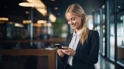Young businesswoman uses a mobile phone on office background in the morning - obrazy, fototapety, plakaty
