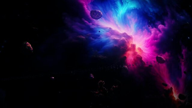 Space travel to abstract dark glow pink blue nebula milky way with alien planet and many space rock  in deep space cinematic abstract for sci fi background. 