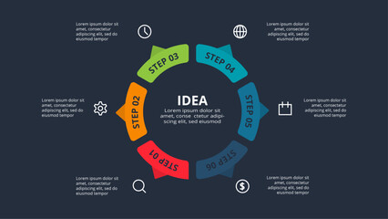 Creative infographic with 6 elements, presentations, vector illustration. Template for web on a black background.