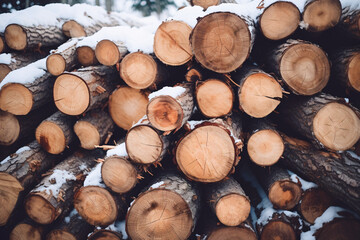 A Closeup View of a Snow-Covered Pile of Log Trunks, Signaling the Onset of the Winter Heating Season, Where Firewood Awaits to Warm the Hearth and Hearts