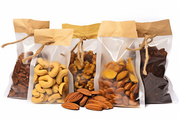 set of nuts in transparent packaging on a white background