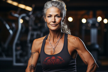 healthy and fit, strong and muscular aged senior woman in the gym - obrazy, fototapety, plakaty