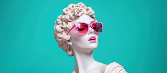 Portrait sculpture of the goddess Aphrodite wearing pink sunglasses with a haughty expression on a blue background with copy space. - obrazy, fototapety, plakaty