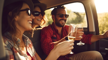 Friends going on a trip in a car and drinking white wine - obrazy, fototapety, plakaty