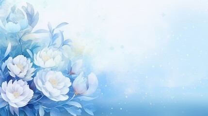 Fototapeta na wymiar Watercolor peony flowers on a light blue background, free space. AI generated.