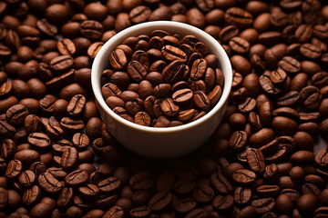 Fototapeta premium White cup with freshly roasted coffee beans on the background of coffee beans. top view close up. Generative AI