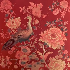 Chinoiseries style wallpaper with peony flower and bird in red theme