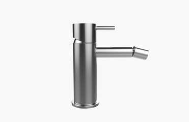 Faucet model isolated on light background, single faucet, stainless steel texture, home industry accessories, 3d rendering.