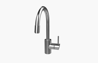 Faucet model isolated on light background, single faucet, stainless steel texture, home industry accessories, 3d rendering.