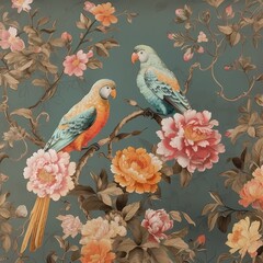 Chinoiseries style wallpaper with peony flower and bird in blue theme