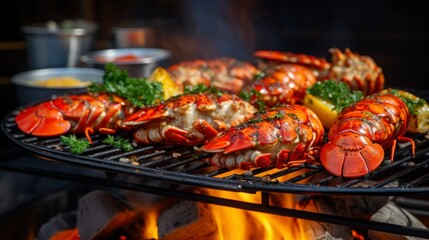 Lobster on the grill. Grilling tasty lobster with herbs and lemon. Recipe. Seafood - obrazy, fototapety, plakaty