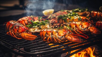 Lobster on the grill. Grilling tasty lobster with herbs and lemon. Recipe. Seafood - obrazy, fototapety, plakaty