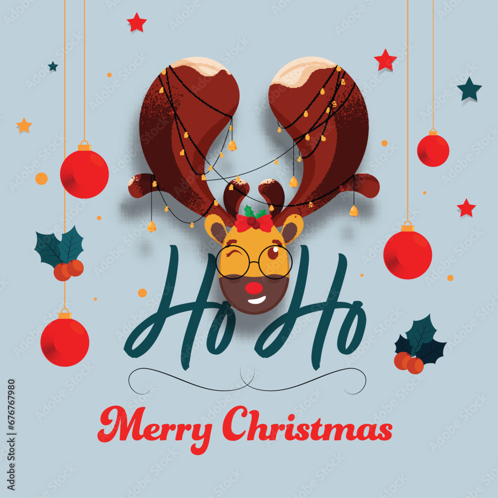 Canvas Prints ho ho merry christmas text with cartoon reindeer face wear lighting garland, stars, holly berries an