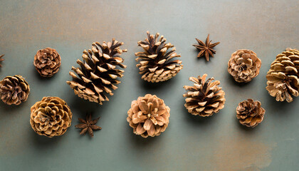 Obraz na płótnie Canvas pine cones on colored table natural holiday background with pinecones grouped together flat lay winter concept