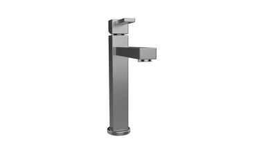 Faucet model isolated on light background, single faucet, stainless steel texture, home industry accessories, 3d rendering.