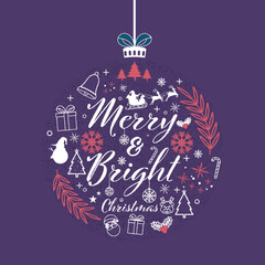 Merry & Bright Christmas Font with Xmas Elements on Creative Hanging Bauble Shape Purple Background.