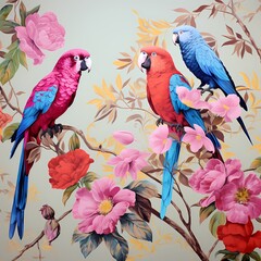 Chinoiseries style wallpaper with peony flower and parrot bird in  bight pink colorful theme