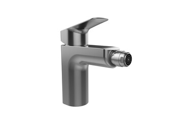 Faucet model isolated on light background, single faucet, stainless steel texture, home industry accessories, 3d rendering.