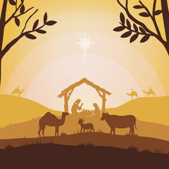 Illustration of Christmas Nativity scene with the three wise men going to meet baby Jesus in the manger.