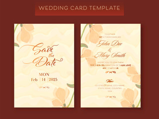 Wedding Cards Template Layout Decorated With Floral On Plain Burgundy Background.