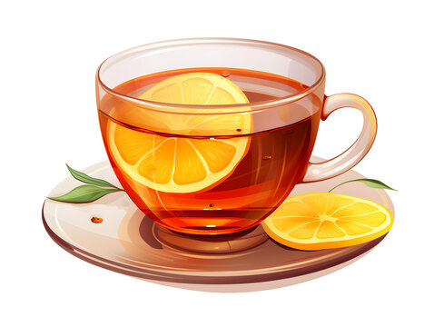Illustration of a glass cup with tea and lemon, isolated on white background