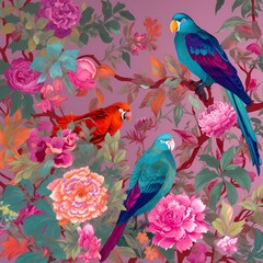 Chinoiseries style wallpaper with peony flower and parrot bird in  bight pink colorful theme