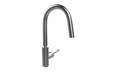 Faucet model isolated on light background, single faucet, stainless steel texture, home industry accessories, 3d rendering.