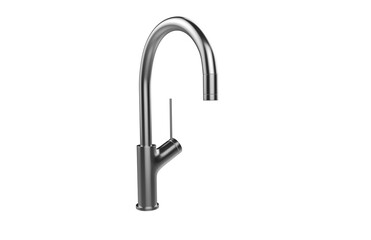 Faucet model isolated on light background, single faucet, stainless steel texture, home industry accessories, 3d rendering.