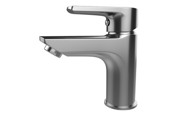 Faucet model isolated on light background, single faucet, stainless steel texture, home industry accessories, 3d rendering.