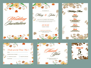 Flowers Decorated Wedding Invitation, Menu, Kindly Reply, Table Number and Thank You Card.