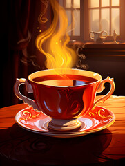Illustration of a retro cup with hot tea drink on a table, dark background 