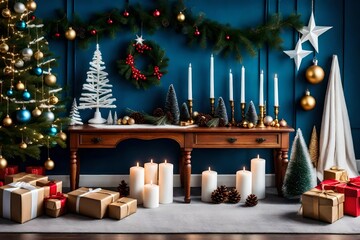 Aesthetic composition of christmas living room interior with wooden console, spruce, white candles, christmas tree with balls, gifts, blue wall, wreath and personal accessories