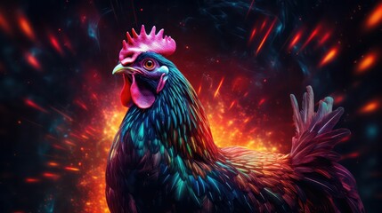 Fototapeta premium An AI illustration of a chicken with colorful colors stands in front of an explosion of bright light