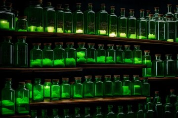 bottles of wine, Shelves of green Halloween potions, witch apothecary jars, glass, skulls, spooky