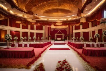 wedding reception table, Beautiful Interior of Marriage Hall. Decorated Stage for Functions