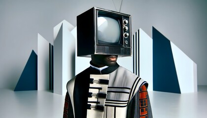 A high-fashion male model with a television for a head, Tv head - obrazy, fototapety, plakaty