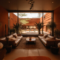 a small open lounge surrounded by red brick walls with sunk in couches that has a view of a sand garden planted that is viewed through wooden sliding doors