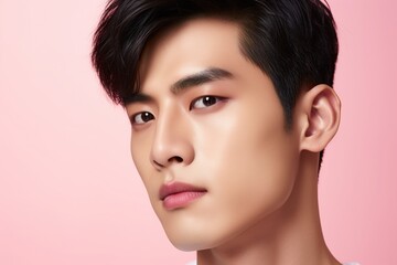 Fototapeta premium Portrait of a beautiful young asian man on pink background.asian beauty