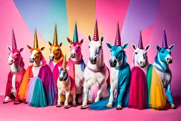 horse with a gift, nature, Creative animal concept. Unicorn in a group, vibrant bright fashionable outfits isolated on solid background advertisement, copy text space. birthday party invite invitation