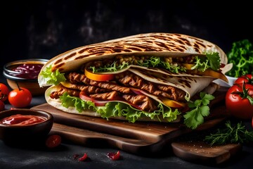 burger and fries, Delicious shawerma on cutting noard on dark background