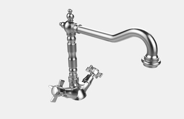 Faucet model isolated on light background, single faucet, stainless steel texture, home industry accessories, 3d rendering.