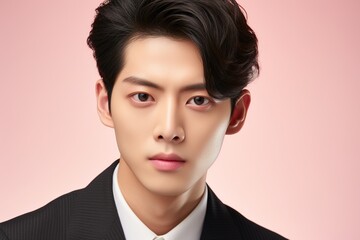 Portrait of a beautiful young asian man on pink background.asian beauty