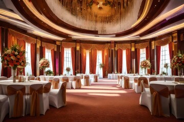wedding reception table, Beautiful Interior of Marriage Hall. Decorated Stage for Functions