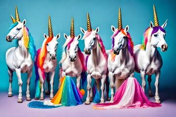 white horse with a rainbow, horse with a gift, nature, Creative animal concept. Unicorn in a group, vibrant bright fashionable outfits isolated on solid background advertisement, copy text space.