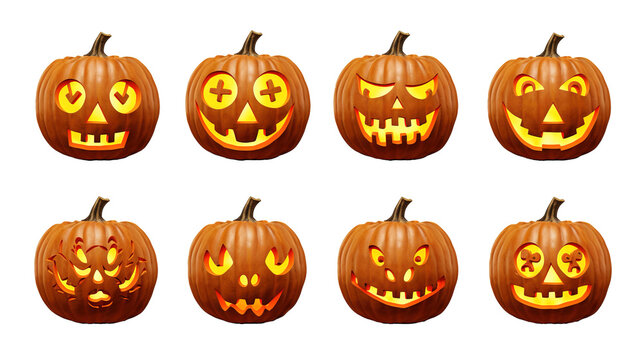 Set of scary Halloween pumpkins on transparent background, image with background removed, created with Generative Ai technology.