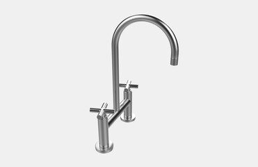 Faucet model isolated on light background, single faucet, stainless steel texture, home industry accessories, 3d rendering.