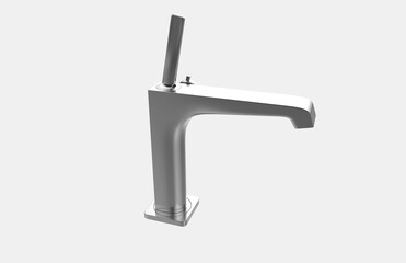 Faucet model isolated on light background, single faucet, stainless steel texture, home industry accessories, 3d rendering.