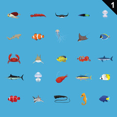 Fish Sea Creatures Cartoon Vector Illustration Set 1